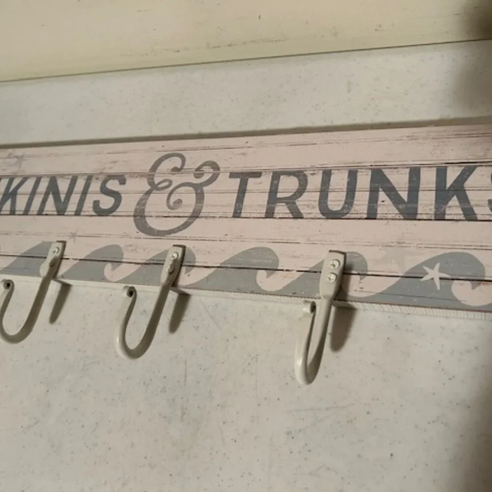 New BIKINIS & TRUNKS wood wall rack with metal hooks